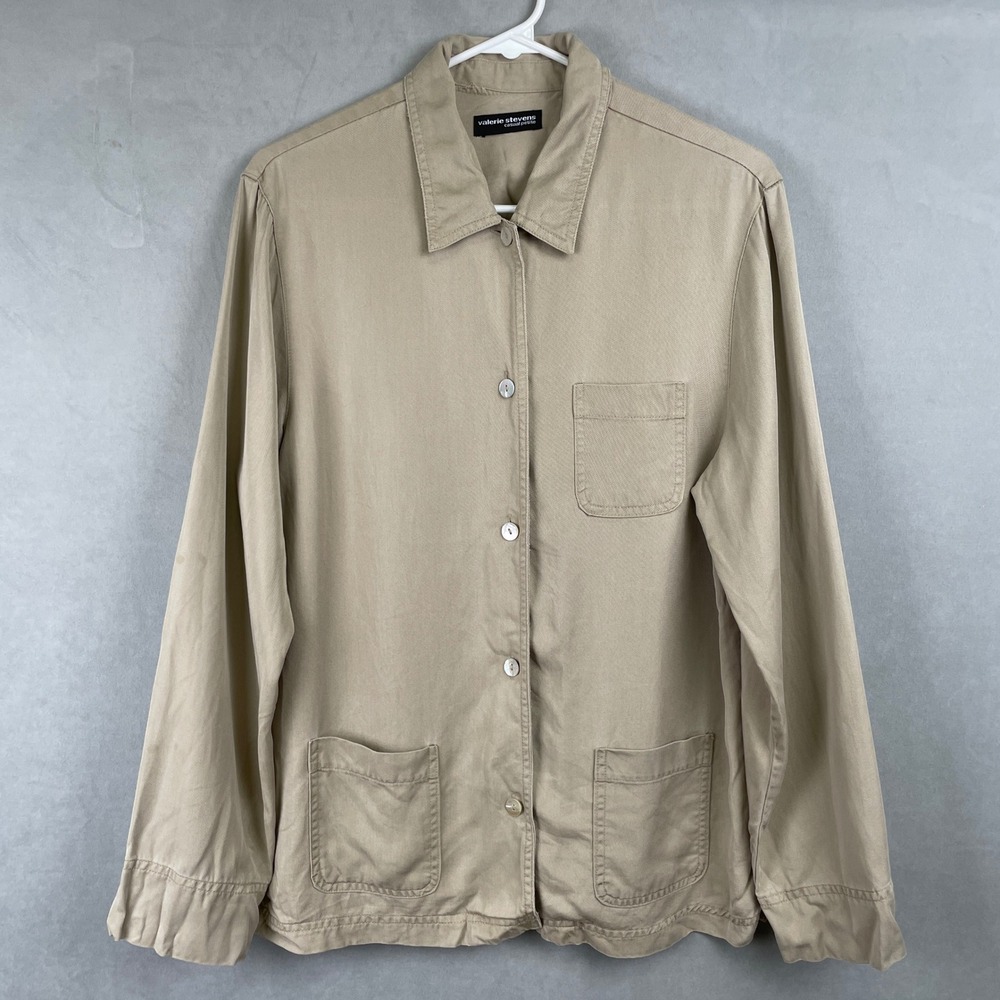 Valerie Stevens Casual Petite L Tencel Khaki Button Twill Chore Shirt Jacket Lux
